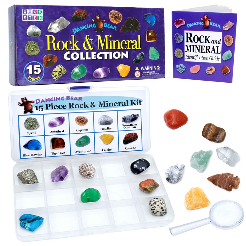 DANCING BEAR -15 Pc Rock & Mineral Collection with Collector Box/Display Case, ID Sheet, Rock Book, Magnifying Glass, Beginner Starter Set, Kids' Gemstone Crystal Kit, STEM Geology Science Education - Image 1